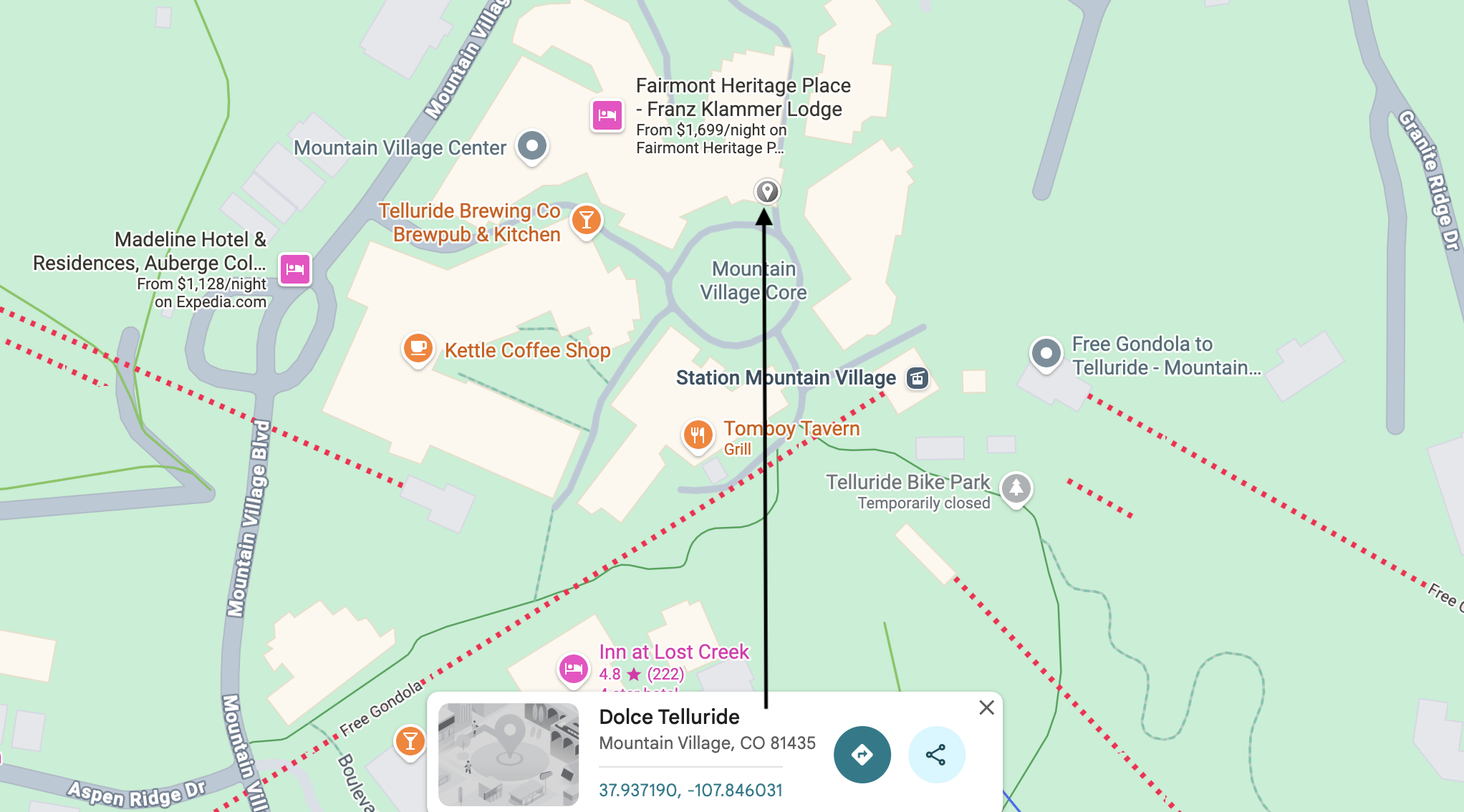 Map showing Dolce Telluride location in Mountain Village